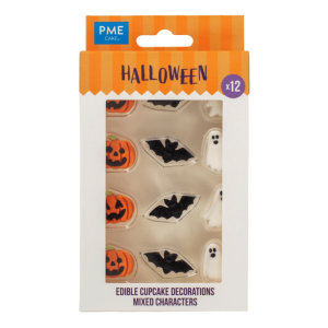 Decoraciones de azúcar para Halloween: calabaza, fantasma y murciélago.