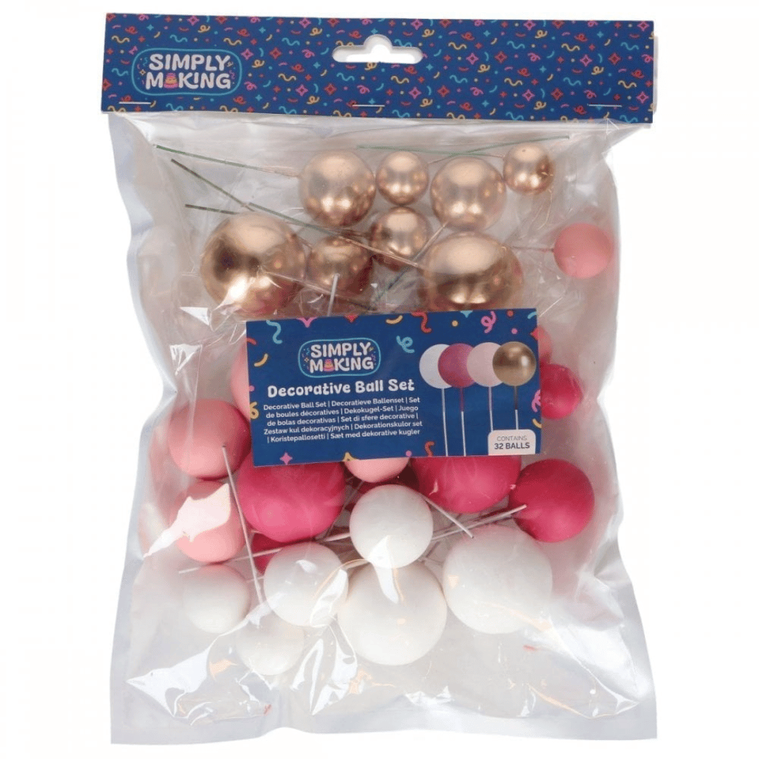 Juego de 32 bolas decorativas para pasteles en rosa, blanco y dorado.