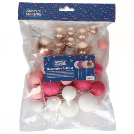 Juego de 32 bolas decorativas para pasteles en rosa, blanco y dorado.