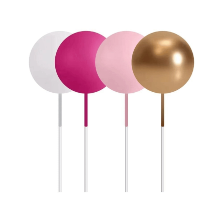 Adornos para tartas en tonos rosa, fucsia, blanco y dorado.