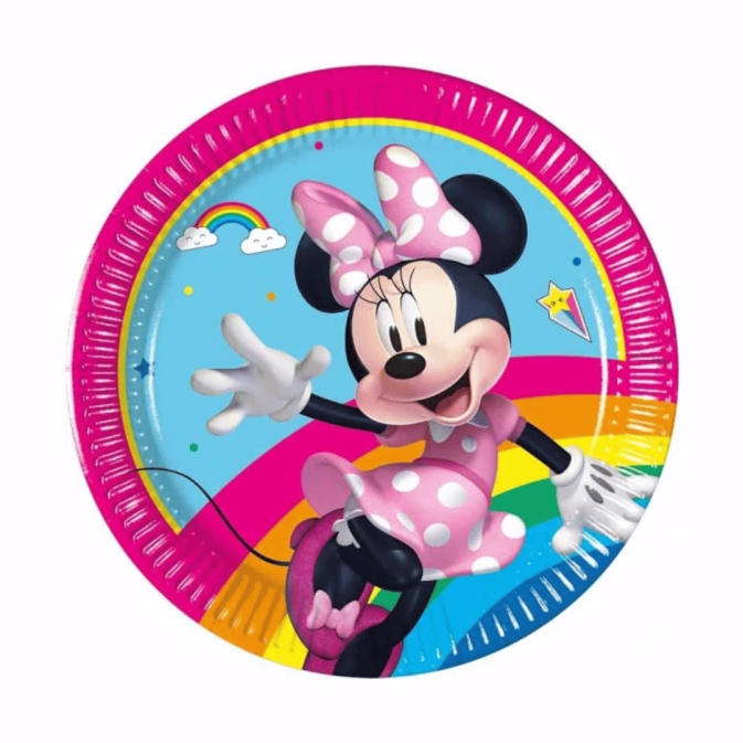 8 platos de papel de cumpleaños de Minnie Mouse con decoración de arcoíris