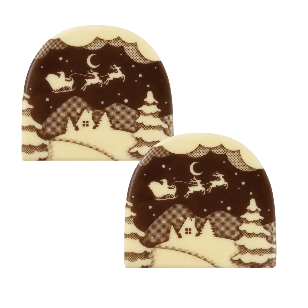 Dos extremos de barra de chocolate con forma de trineo de Papá Noel