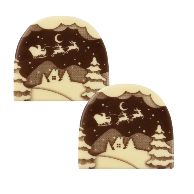Dos extremos de barra de chocolate con forma de trineo de Papá Noel