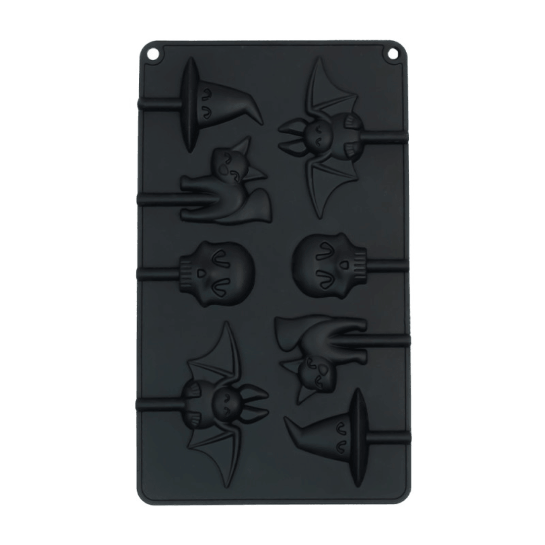 Moldes para piruletas de Halloween con calavera, murciélago, gato y sombrero de bruja.
