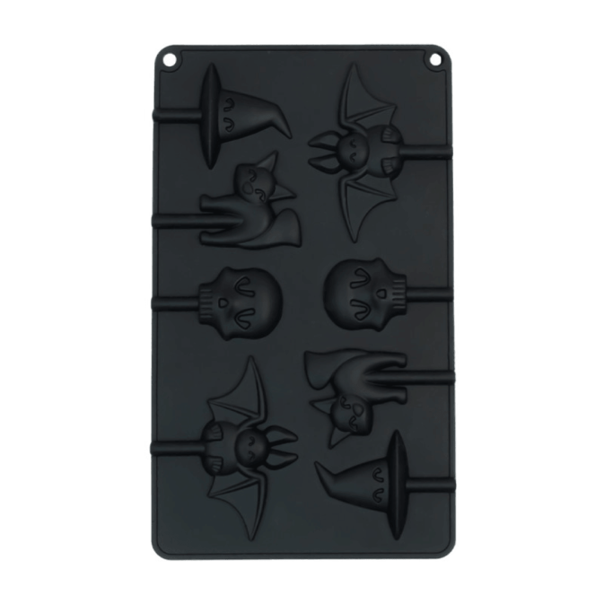 Moldes para piruletas de Halloween con calavera, murciélago, gato y sombrero de bruja.