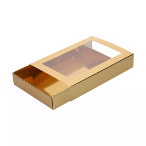 Caja de embalaje dorada para chocolates y galletas Funcakes.